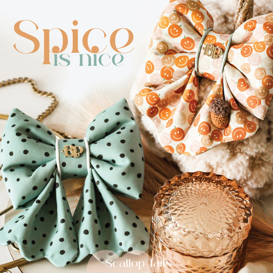 smiley face pumpkin pet bow tie sailor bow with scalloped details. Acorn crochet with pastel sage piping trim. Bop Pop Pet accessory. Cotton bows made in Oregon FALL autumn season style for dogs