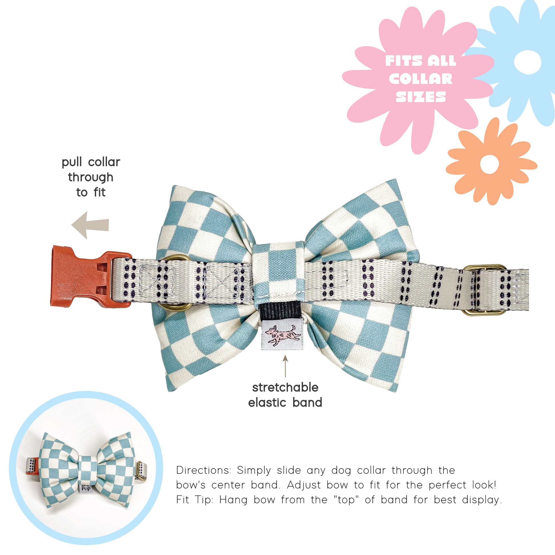 How to wear the Checkered bow tie dog collar with stretching elastic band on a white background