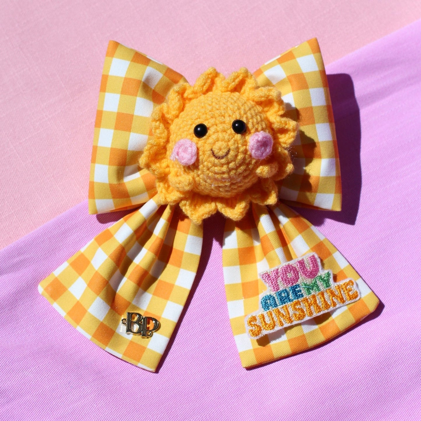 You are my sunshine bow with tails in yellow check with cute smiley face crochet sun and color patch. Handmade by Bop Pop Pets TM in USA