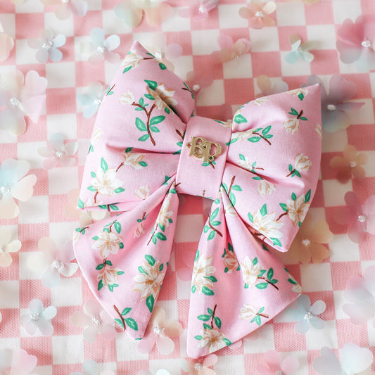 Premium Luxury Fun Dog Collar Bow Tie Sailor bow. Checkerboard cotton, handmade flower bop pop bows for pet accessories. Fits all size dogs. Magnolia Flower Pink Cotton 