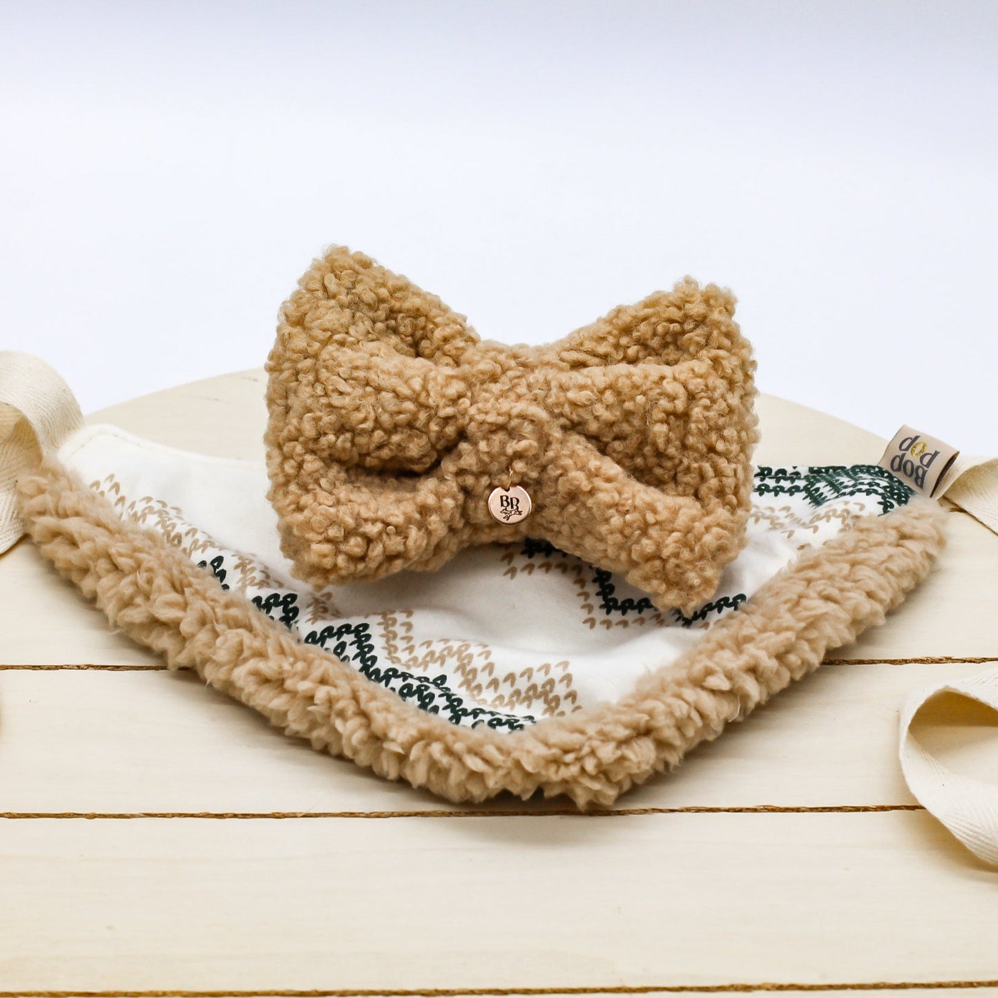 Teddy Sherpa fuzzy puffy Pet Dog Cat bow tie pet accessories caramel mocha brown color soft cozy bows sherpa bandana bop pop pets solid brass hardware snap button easy-to-use comfort