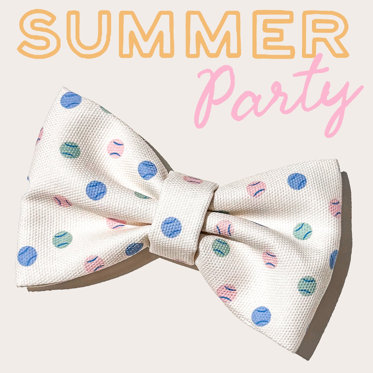 A fabric pet bow tie with a white textured background and a pattern of colorful polka dots, set against a light beige background with 'SUMMER Party' text overlay.