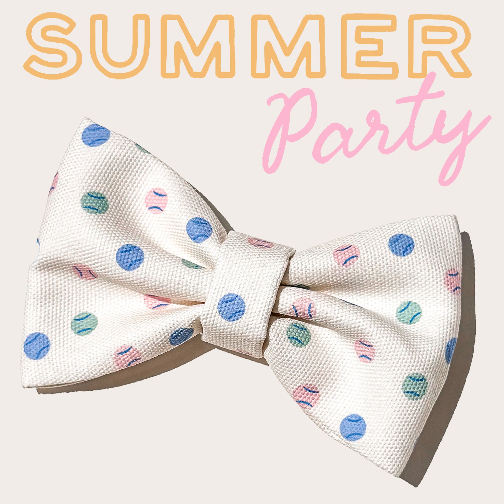 A fabric pet bow tie with a white textured background and a pattern of colorful polka dots, set against a light beige background with 'SUMMER Party' text overlay.