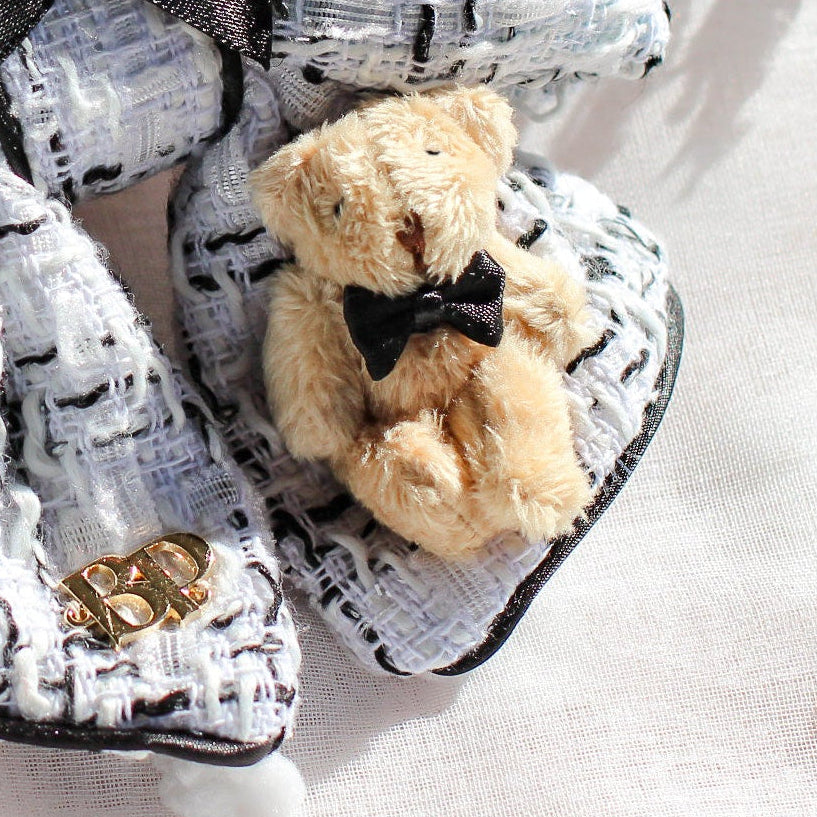 Black white Tweed bow tie with mini teddy bear and mini black satin tuxedo bow tie. Premium handmade dog goods dog bows. Bop Pop Pets for Holiday style