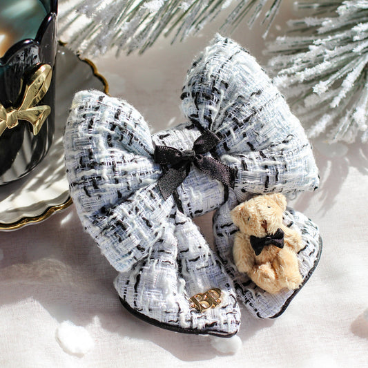 Black white designer inspired Tweed bow tie with mini teddy bear and mini black satin tuxedo bow tie. Holiday dog bows for premium handmade dog goods. Bop Pop Pets for festive style