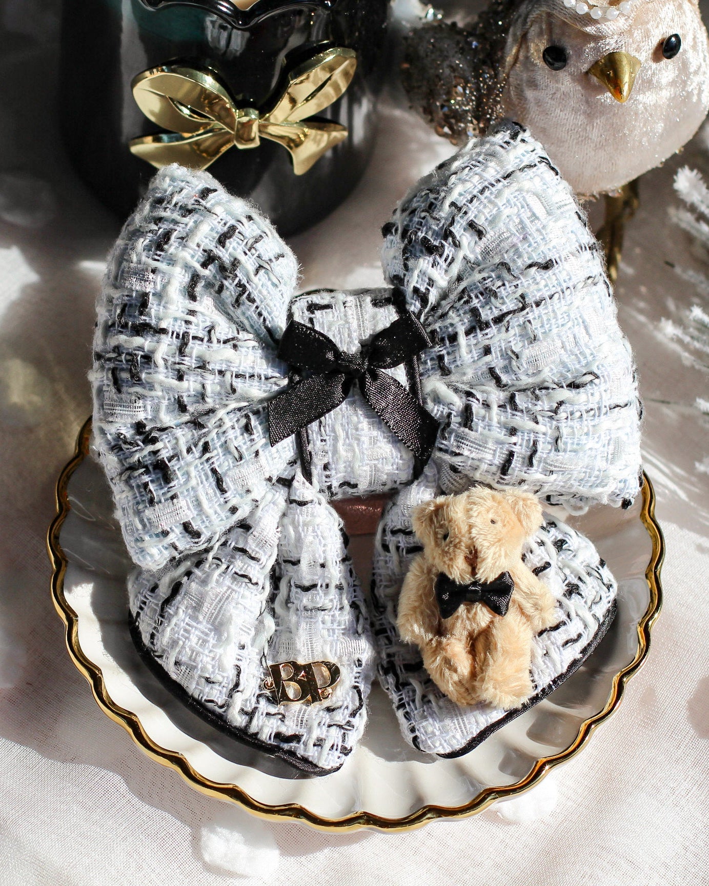 Black white designer inspired Tweed bow tie with mini teddy bear and mini black satin tuxedo bow tie. Holiday dog bows for premium handmade dog goods. Bop Pop Pets for festive style