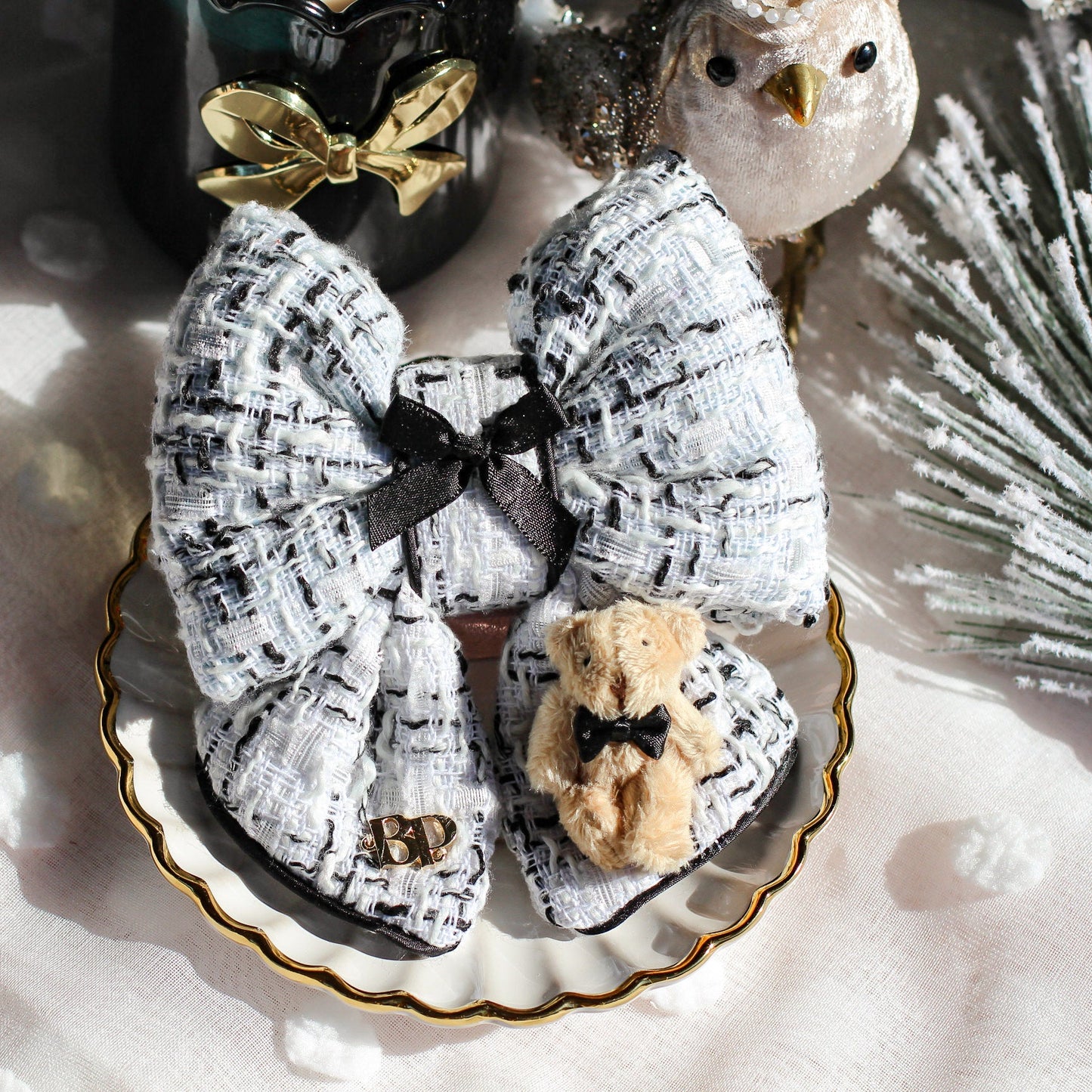 Black and White tweed chanel inspired dog bow tie with mini teddy bear in tuxedo bow tie. Bop Pop Pets pet accessories