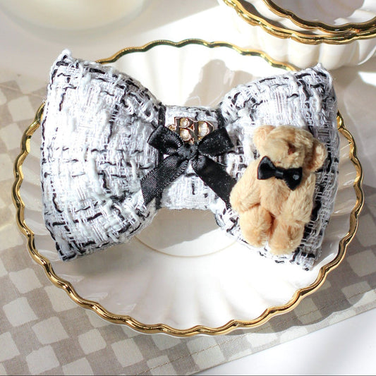 Black white Tweed bow tie with mini teddy bear and mini black satin tuxedo bow tie. Premium handmade dog goods dog bows. Bop Pop Pets for Holiday style