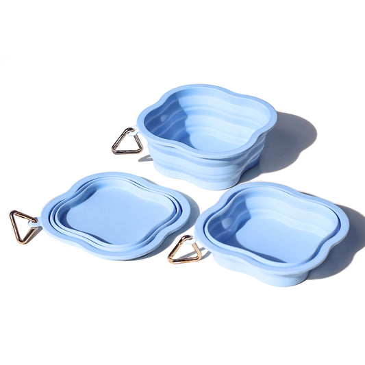 poolside cloud sky blue pastel stylish silicone water bowl pets dogs cats collapsible foldable portable travel hiking drinking pocket sized dog walking bop pop pets accessories 3 size water capacity small to large pets with gold triangle carabiner clasp