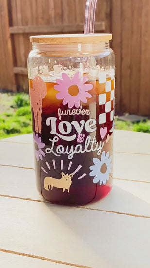 Checkerboard Daisy Flowers Corgi Doodle bestie glass Latte coffee Furever Love & Loyalty dogmom dog pet accessories bamboo lid glass straw UV DTF transfer design Valentines Day Pup Bop Pop Pets