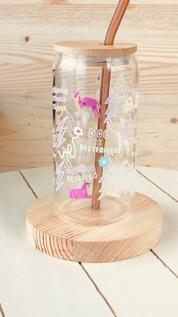 100% Dog Obsessed Mama Mom Life Beer Glass with UV DTF transfers  Bamboo Lid  Colored Glass Straw Quotes BFF Adopt Foster Rescue Senior Pups Pet Theme cups video rotation