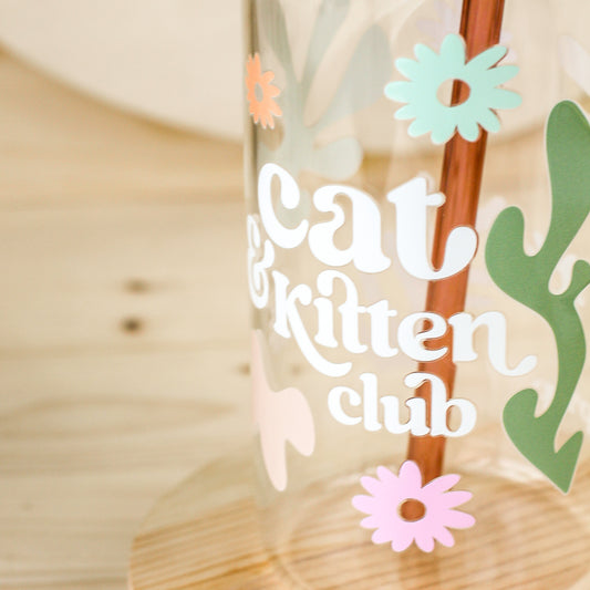 Cat Kitten Club mom dad Pet Life Beer Glass with UV DTF transfers  Bamboo Lid  Colored Glass Straw Flower Daisy Pet Theme cups