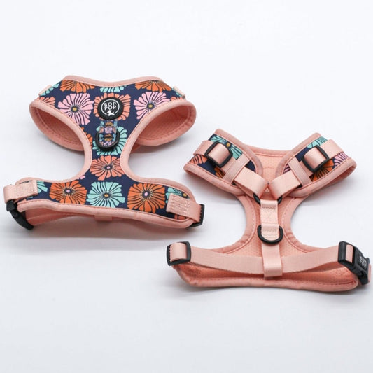 DAZY Dog Harness Multicolor Pink daisy flower floral Print dogs small medium large soft comfort harness padded neoprene breathable walking harness Navy