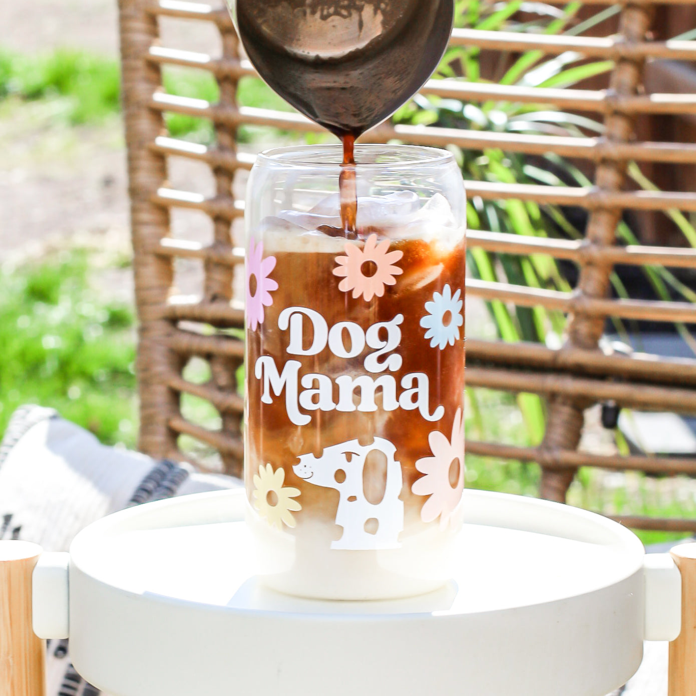 Dog Mama Dog Mom Life Beer Glass with UV DTF transfers  Bamboo Lid  Colored Glass Straw Flower Daisy Pet Theme cups pouring recipe iced coffee latte mocha colored straw