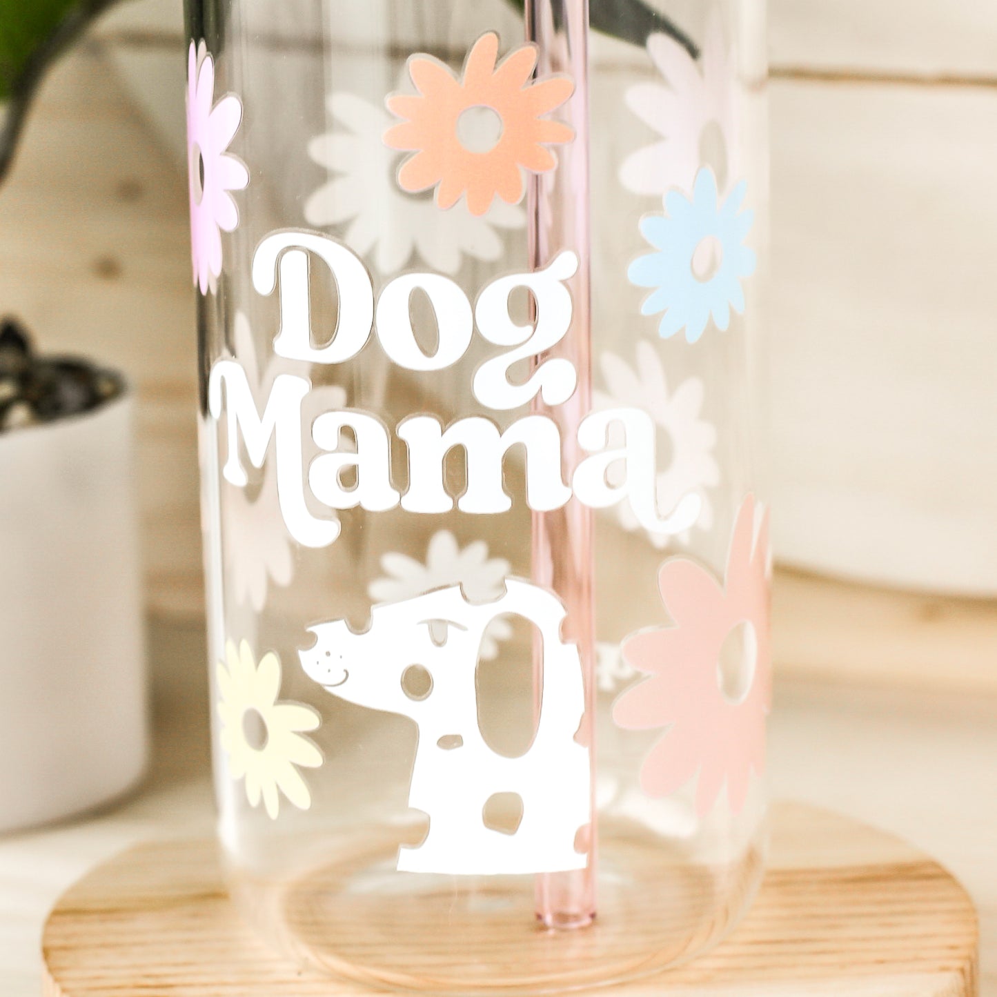 Dog Mama Dog Mom Life Beer Glass with UV DTF transfers  Bamboo Lid  Colored Glass Straw Flower Daisy Pet Theme cups