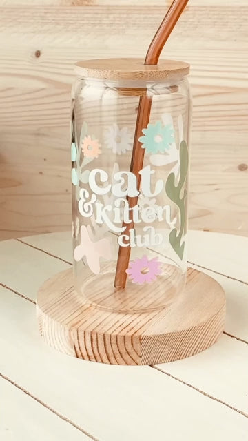 Cat Kitten Club mom dad Life Beer Glass with UV DTF transfers  Bamboo Lid  Colored Glass Straw Flower Daisy Pet Theme cups video rotation